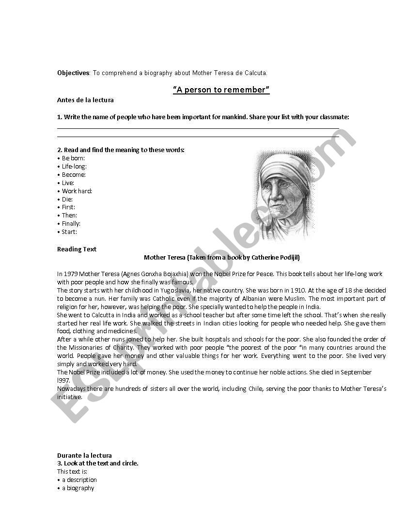 Mother Teresa de Calcuta worksheet
