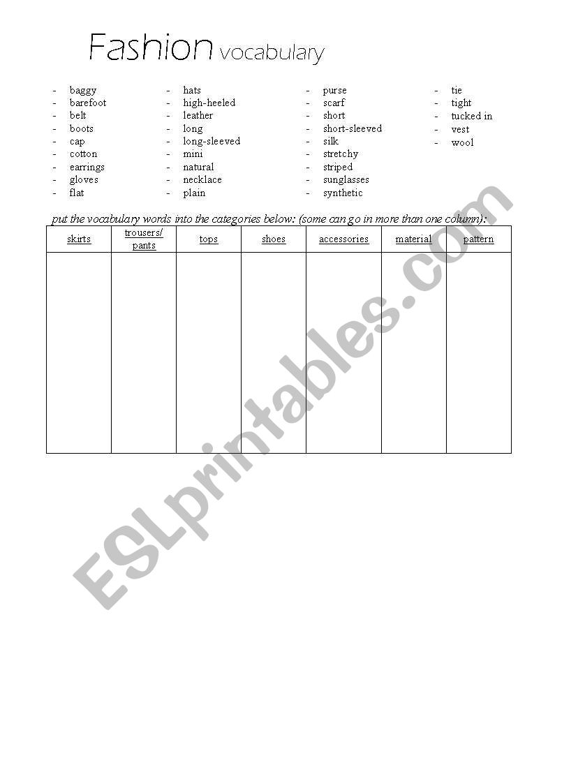 ttt fashion lexis worksheet