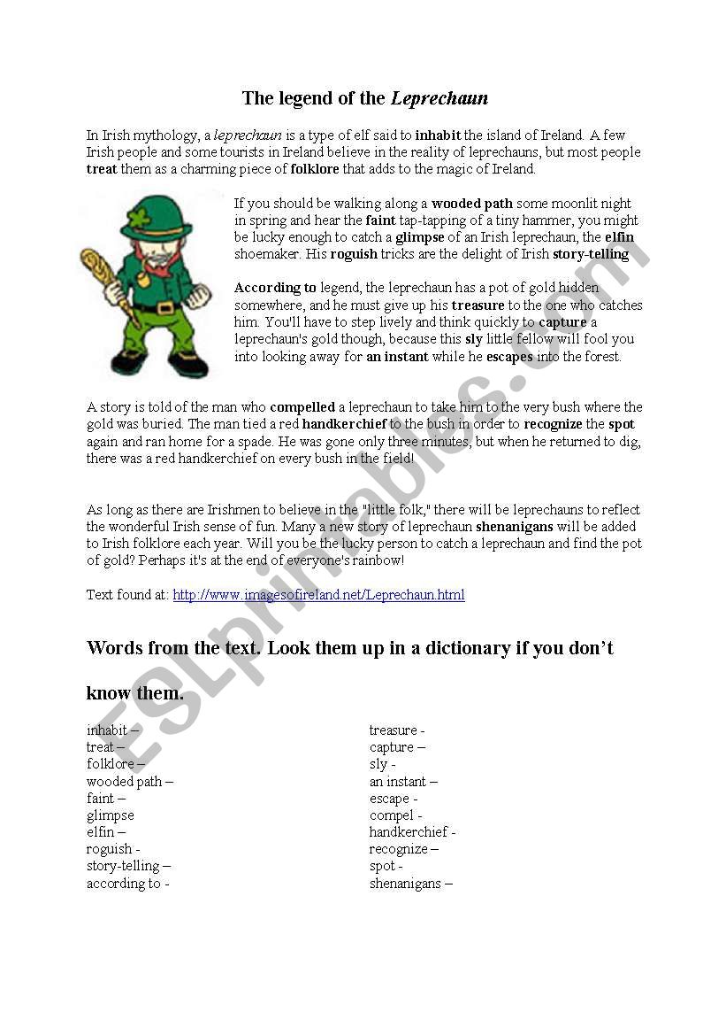 Leprechaun Story worksheet