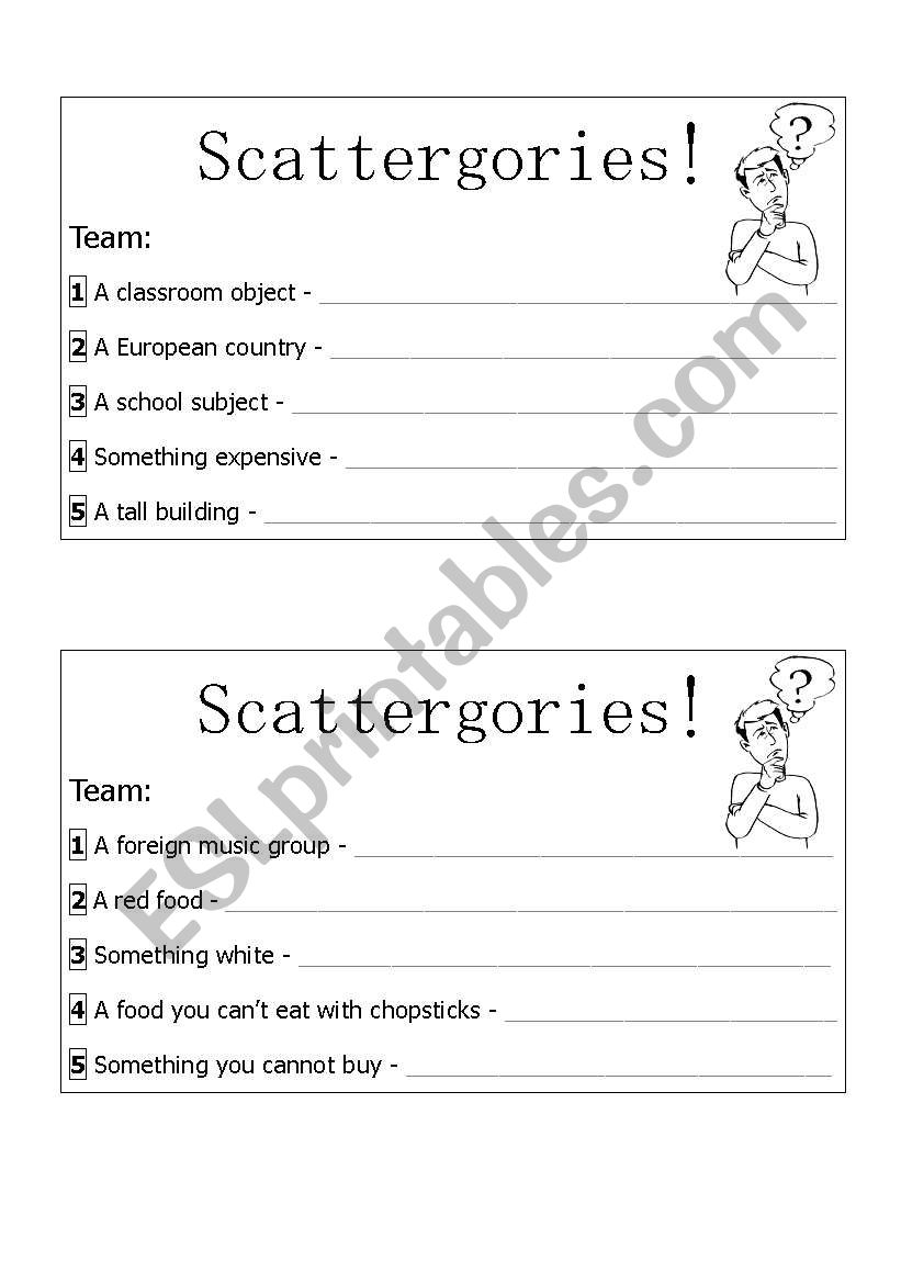 Cards for Scattergories worksheet