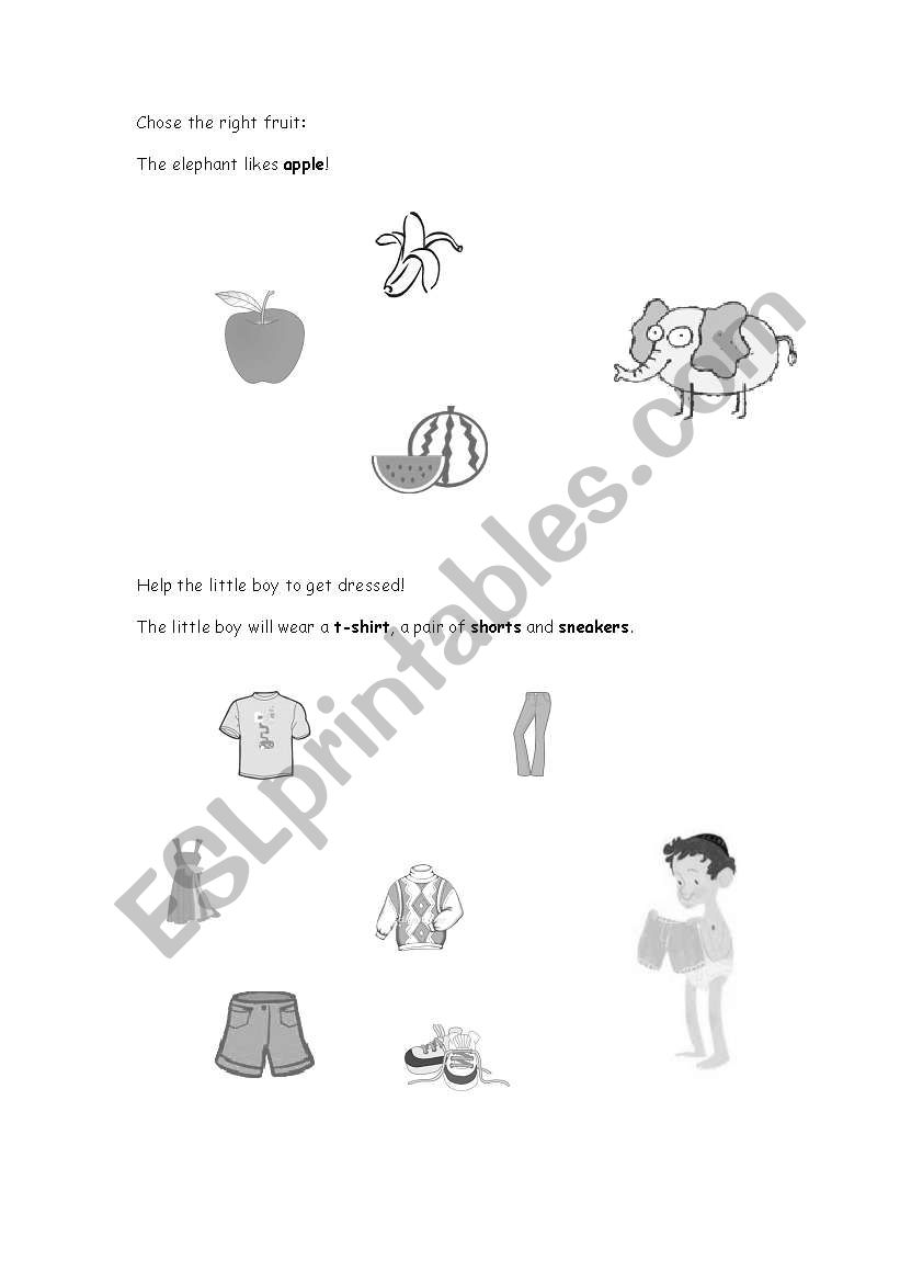 Fruits, colors and clothes worksheet