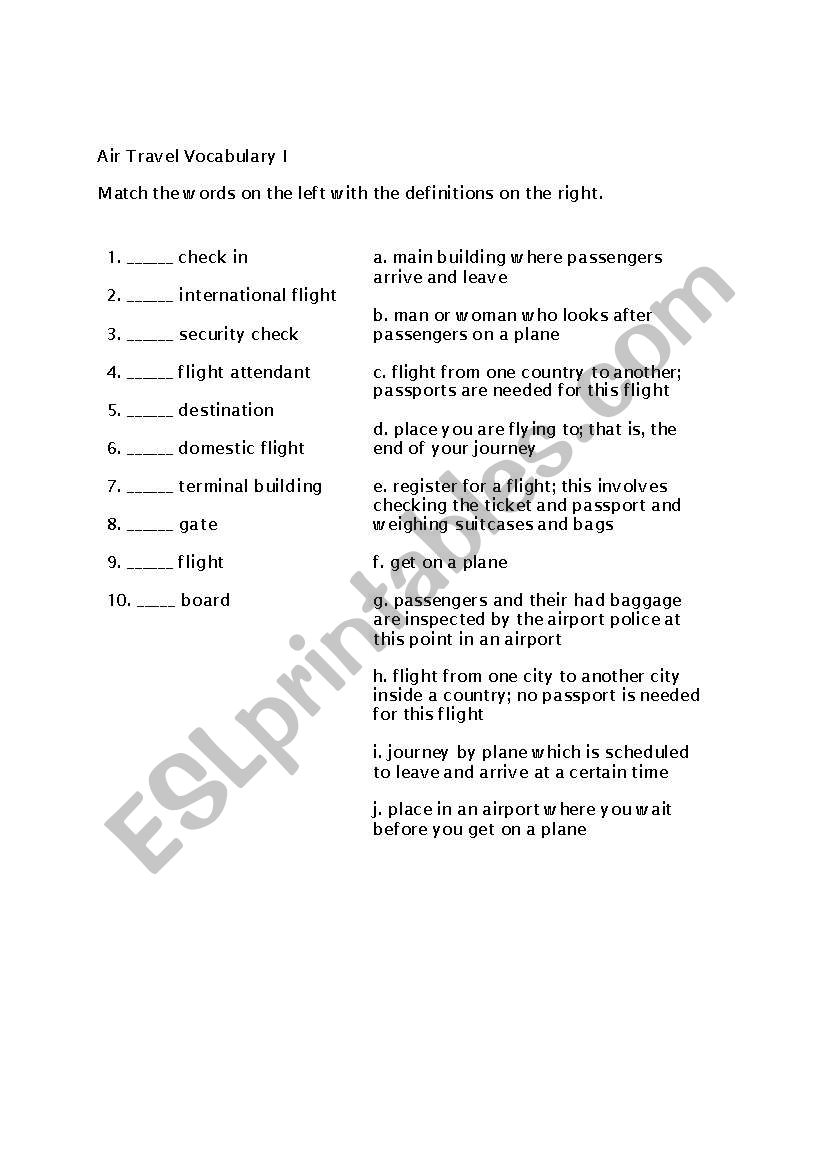 Air Travel Vocabulary worksheet