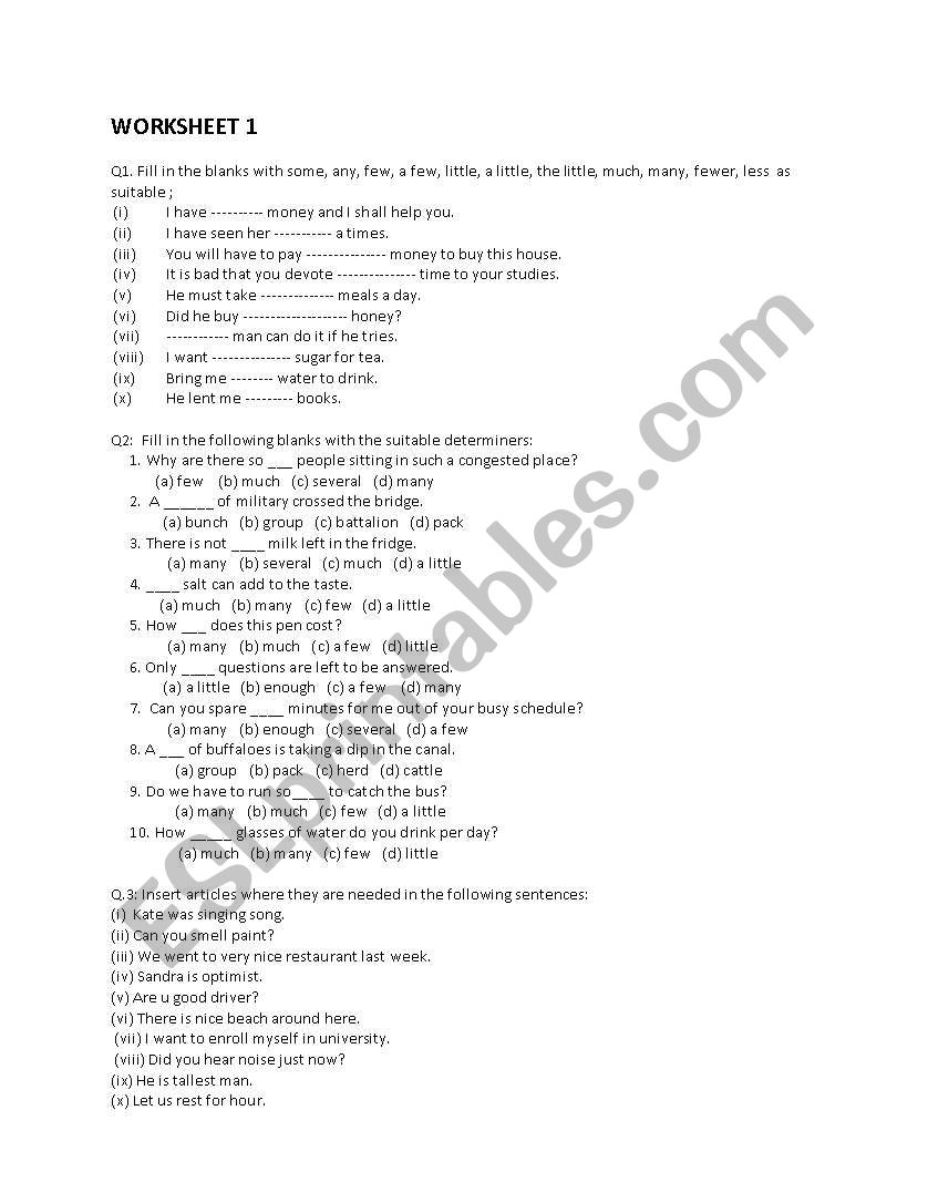 determiners worksheet