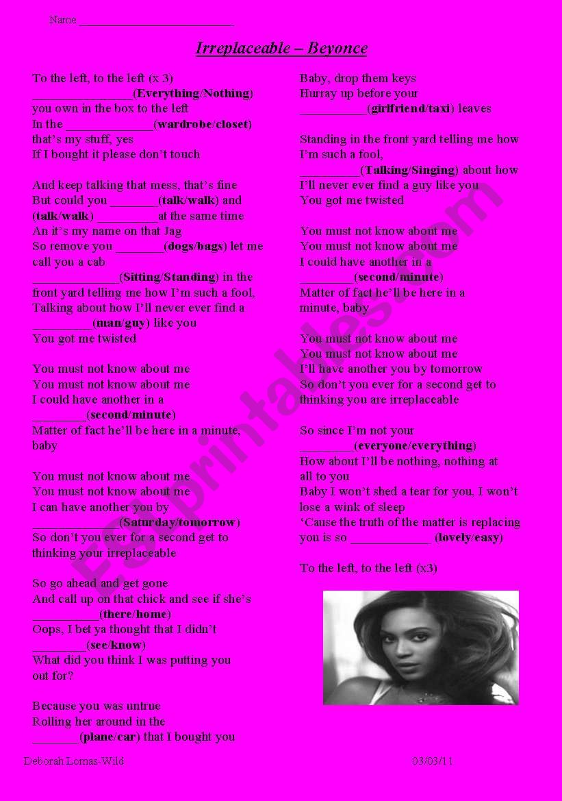 Beyonce - Irreplaceable worksheet