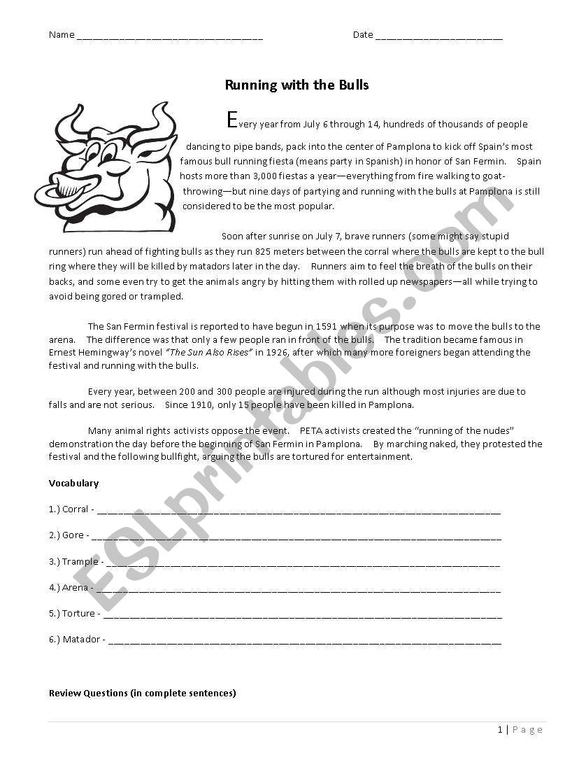 Running with the Bulls worksheet