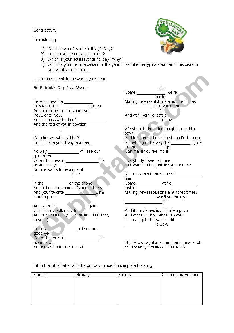 Saint Patricks Day Song Activity - John Mayer