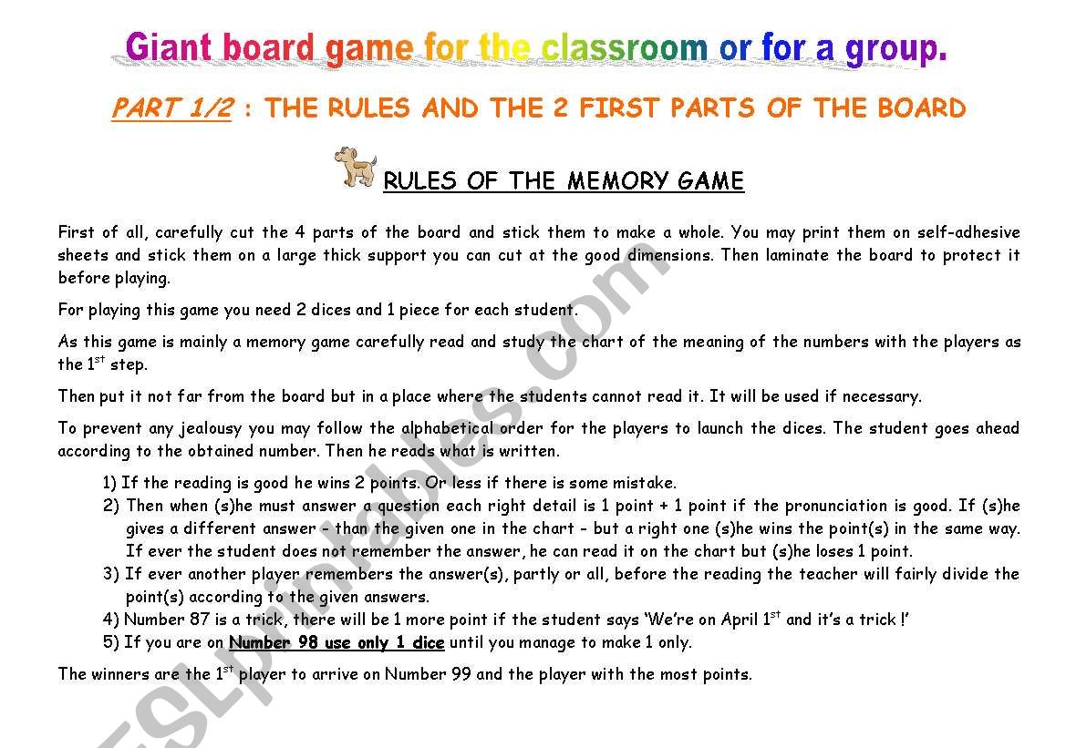 memory board game for the class or a group part 1/2