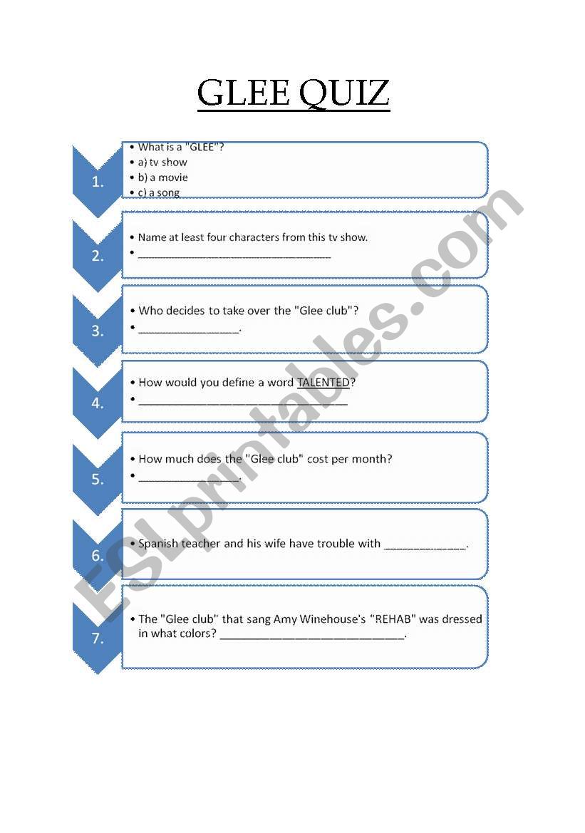 Glee - episode 1 quiz worksheet