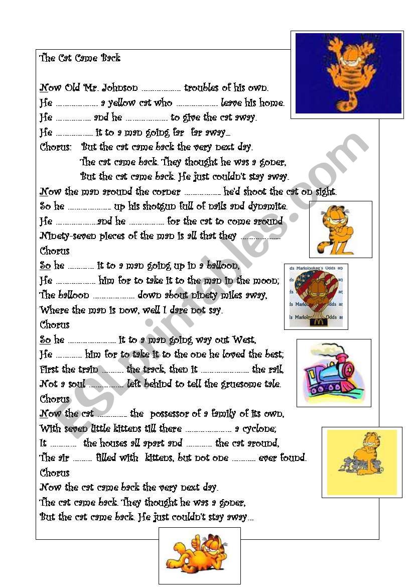 Song: The cat came back. worksheet