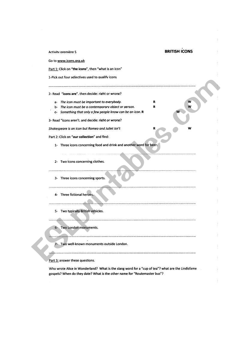 british icons worksheet worksheet