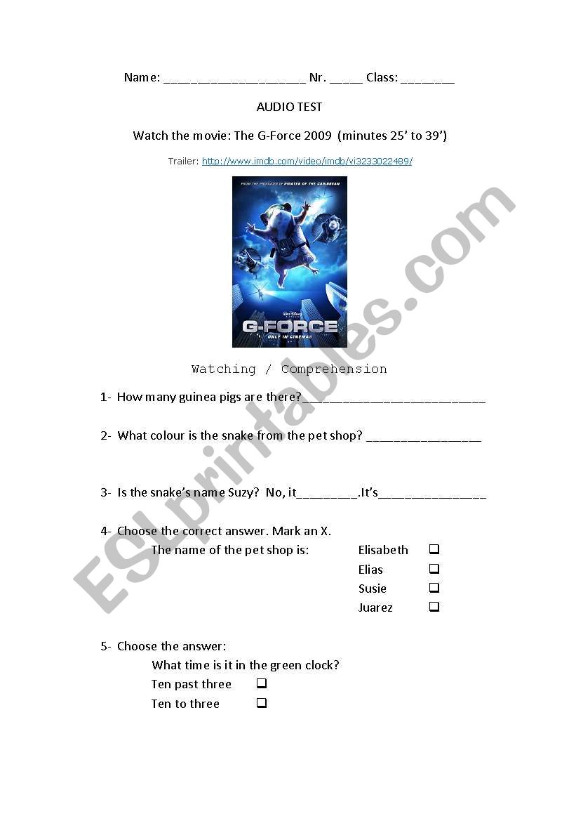 Gforce movie activities worksheet