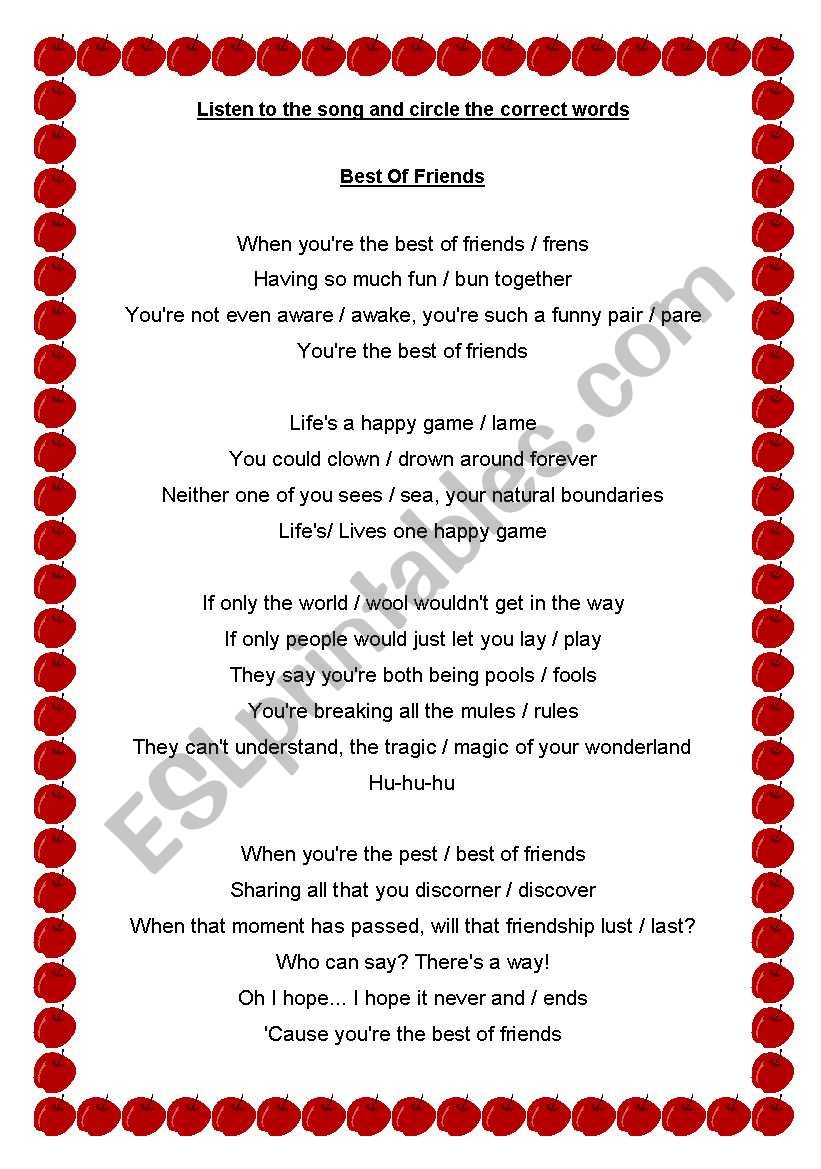 Song Lyric Best of Friends worksheet