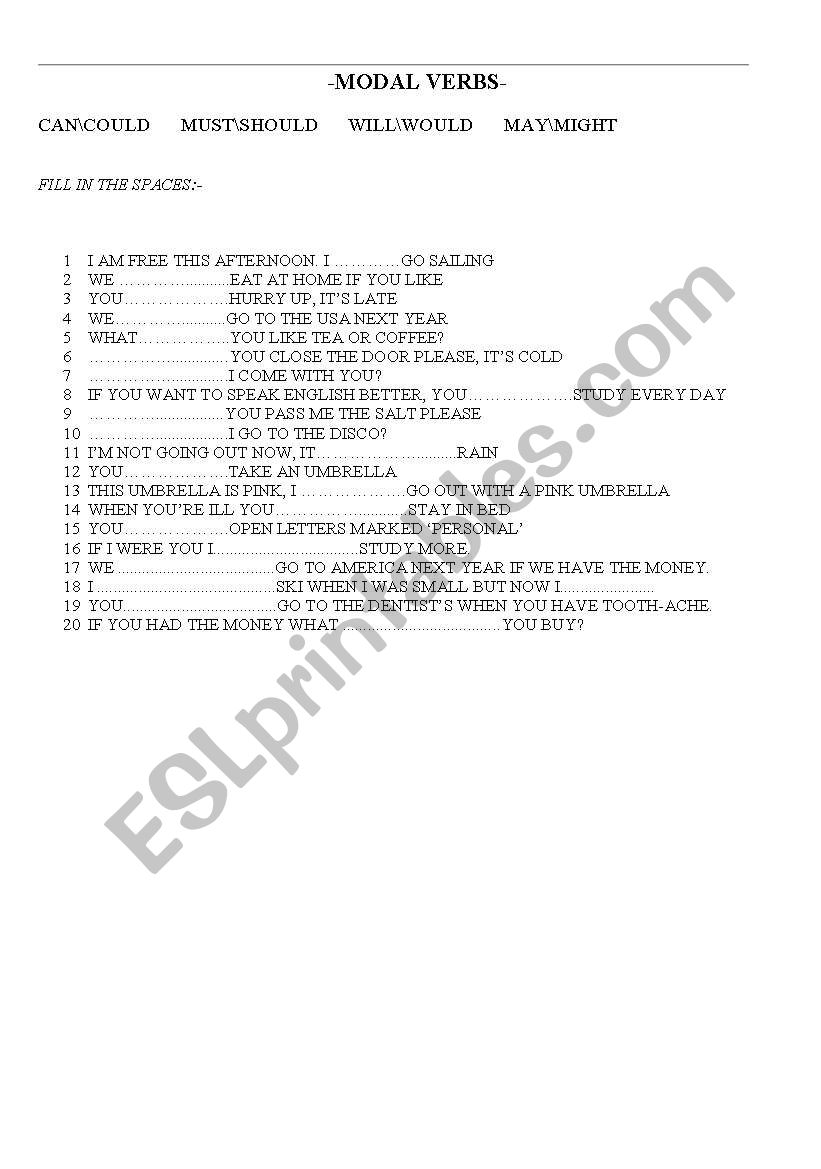 MODAL VERBS- Present and Past worksheet