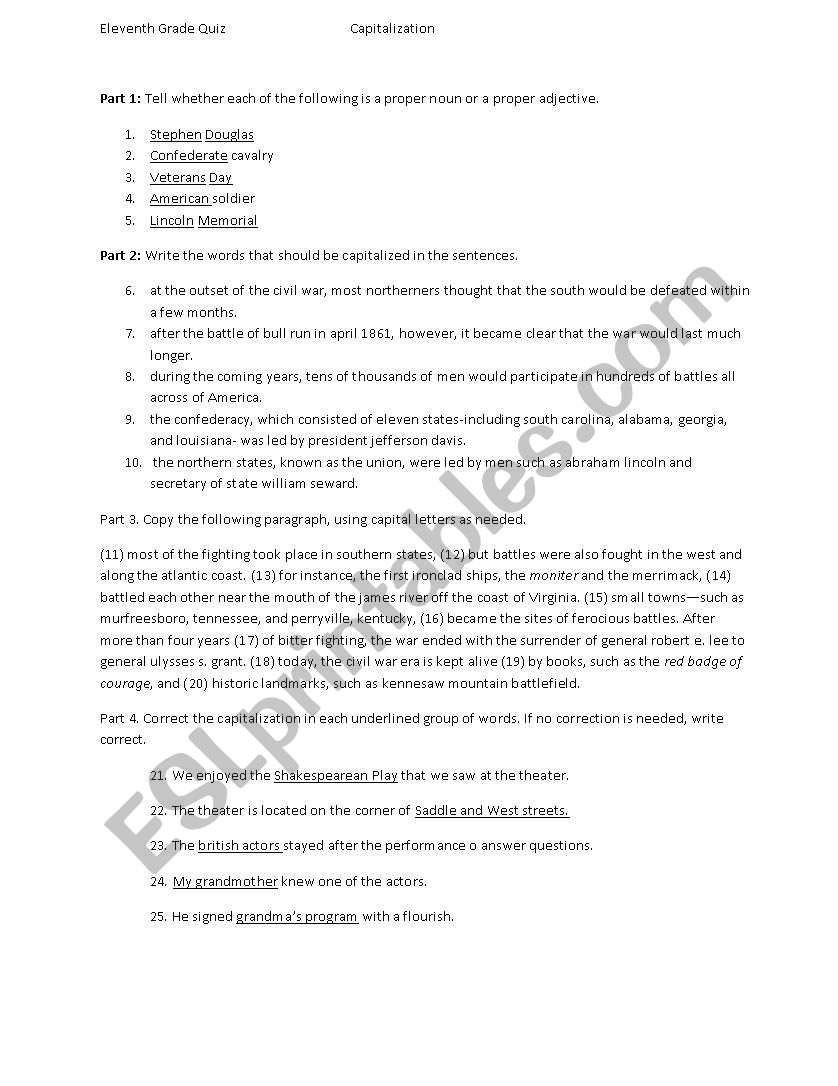 Capitalization Excersises worksheet