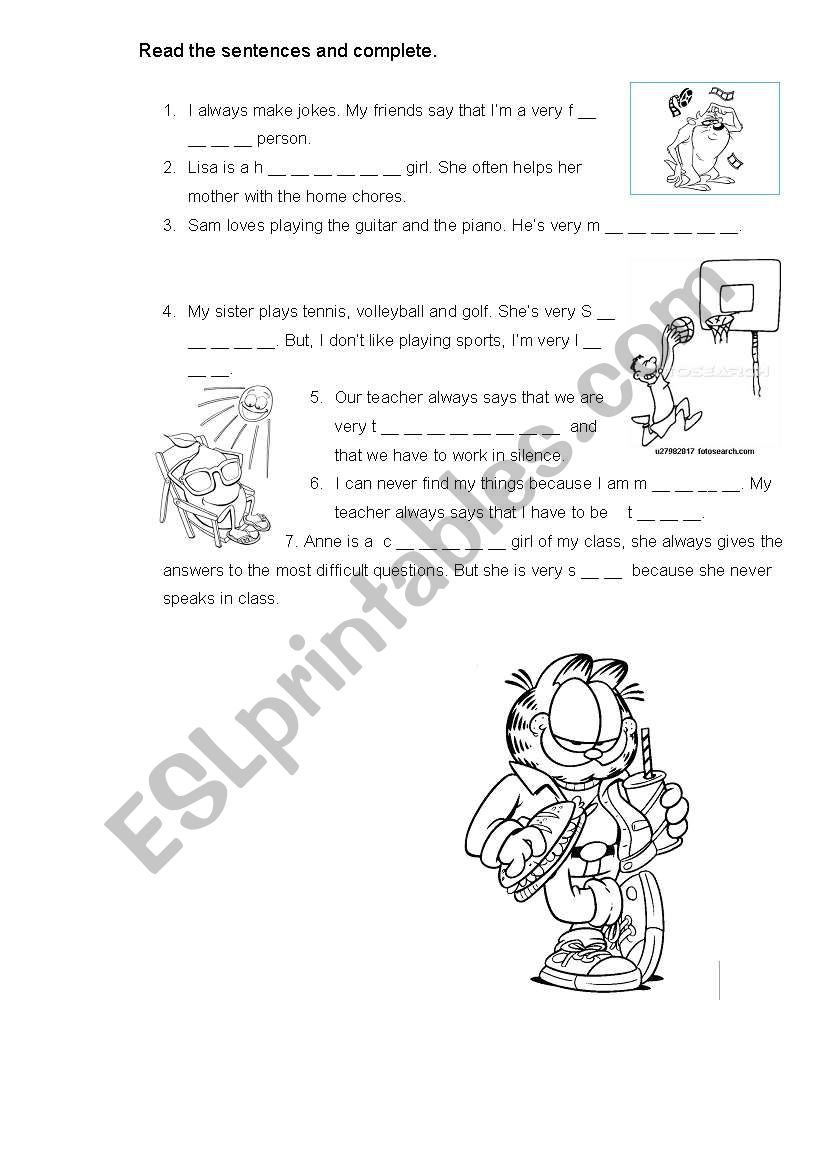 Character adjectives worksheet