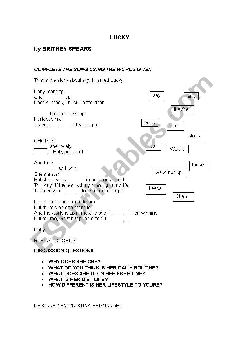LUCKY by Britney Spears worksheet