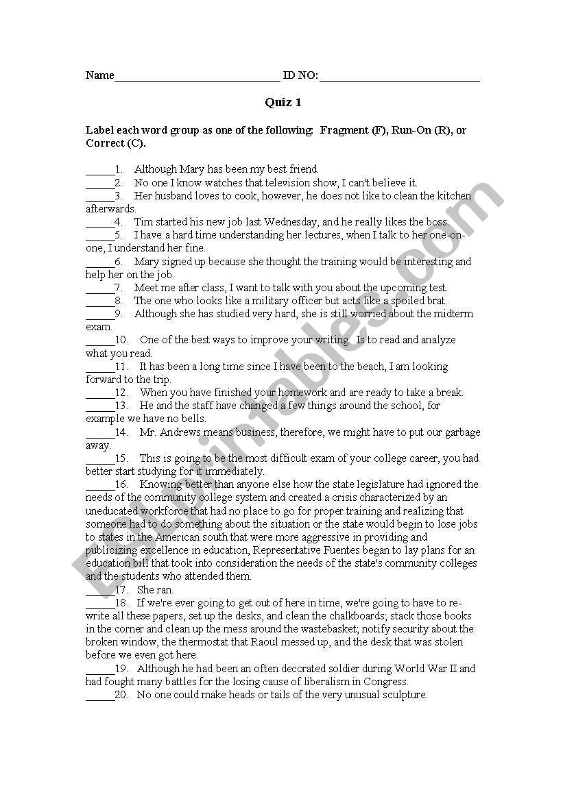 Run-on/ Grammar Quiz worksheet