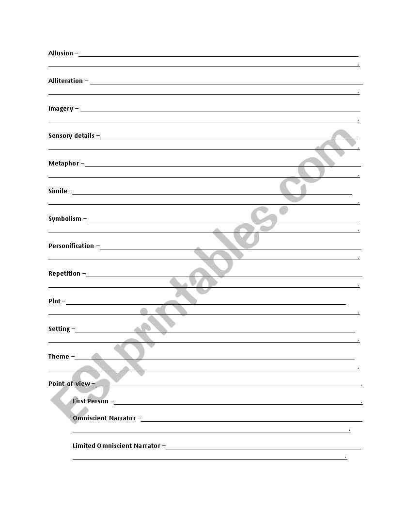 High School Literary Terms worksheet