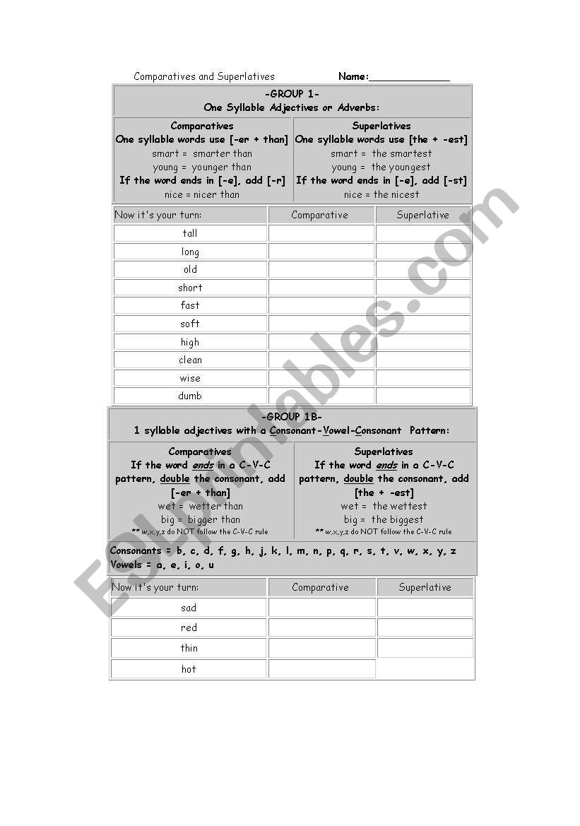 Comparative and Superlatives worksheet