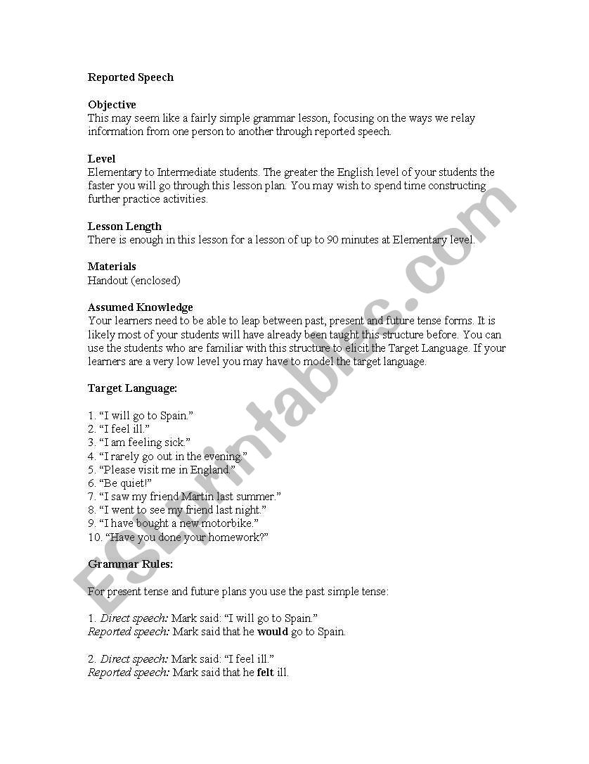 Reported Speech worksheet