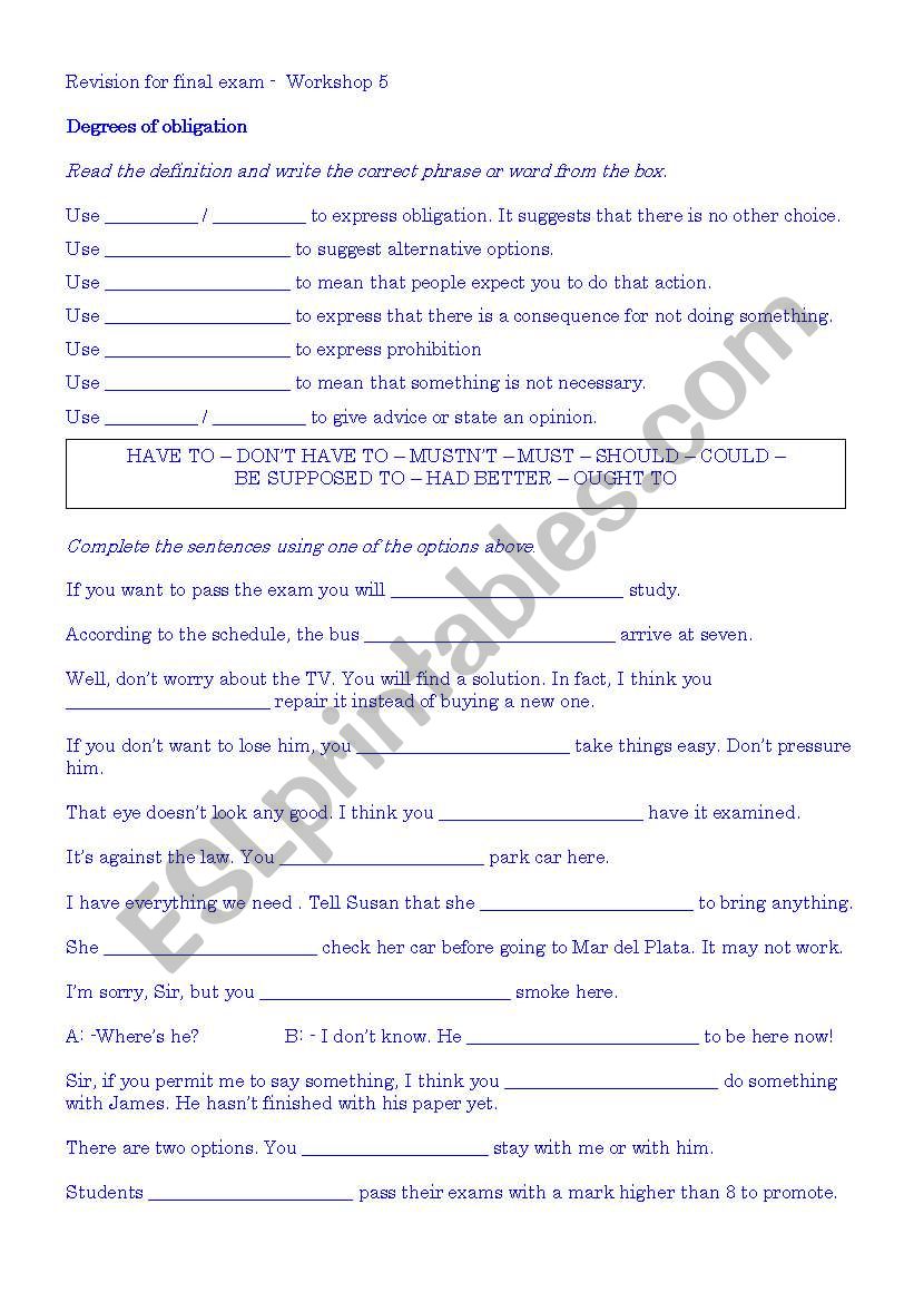 Degrees of obligation worksheet