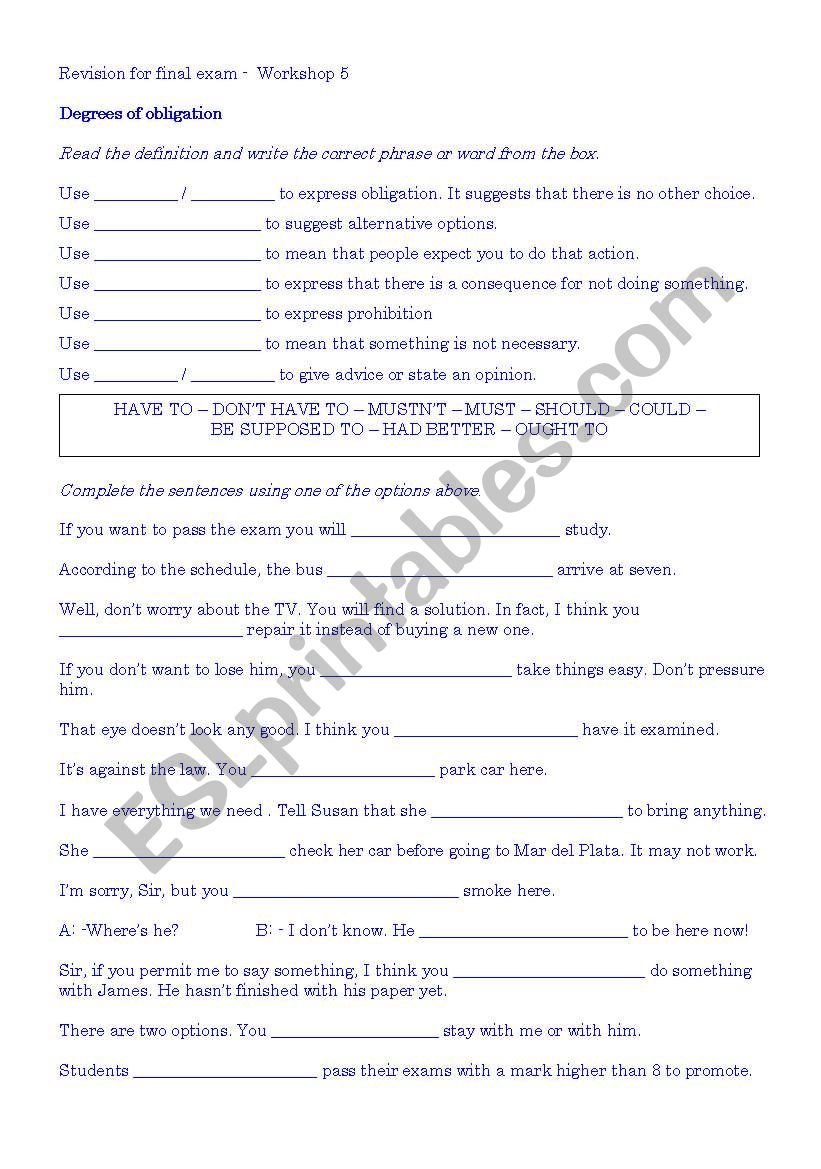 Degrees of obligation worksheet