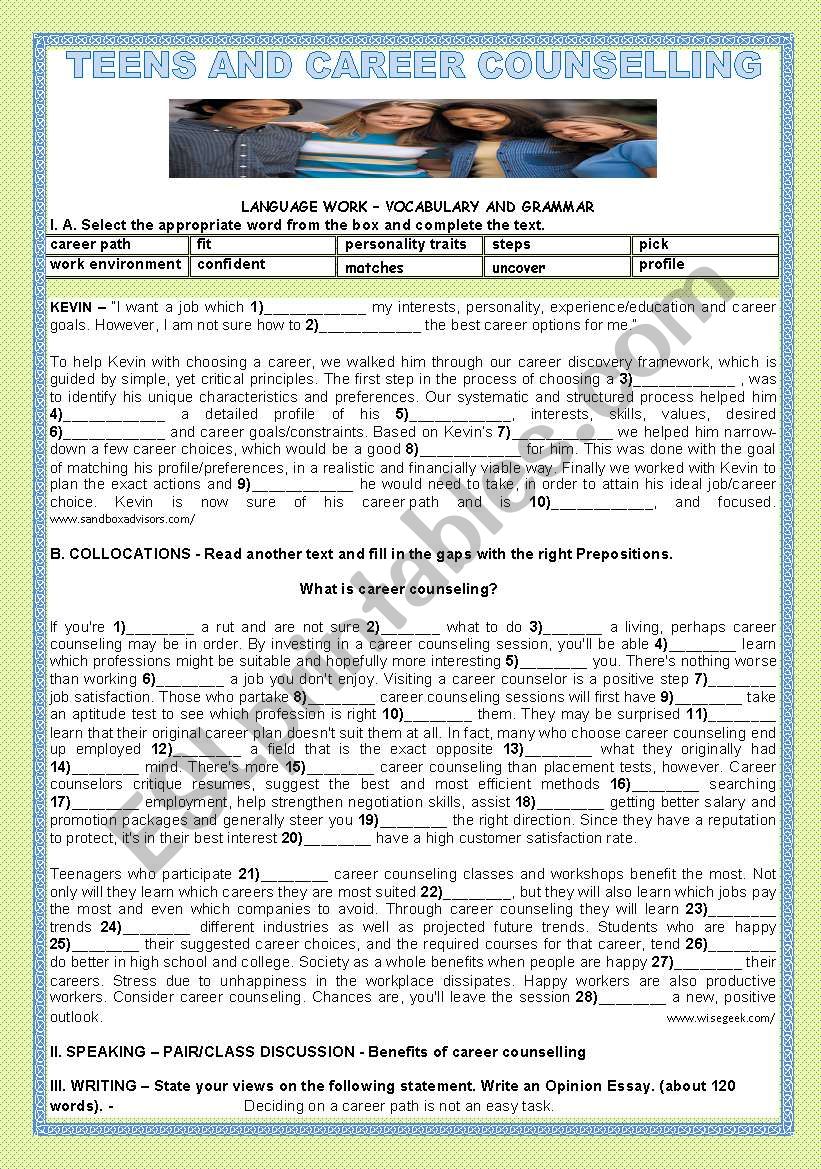 TEENS AND CAREER COUNSELLING worksheet