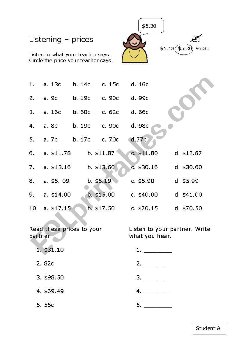 Listening to prices worksheet