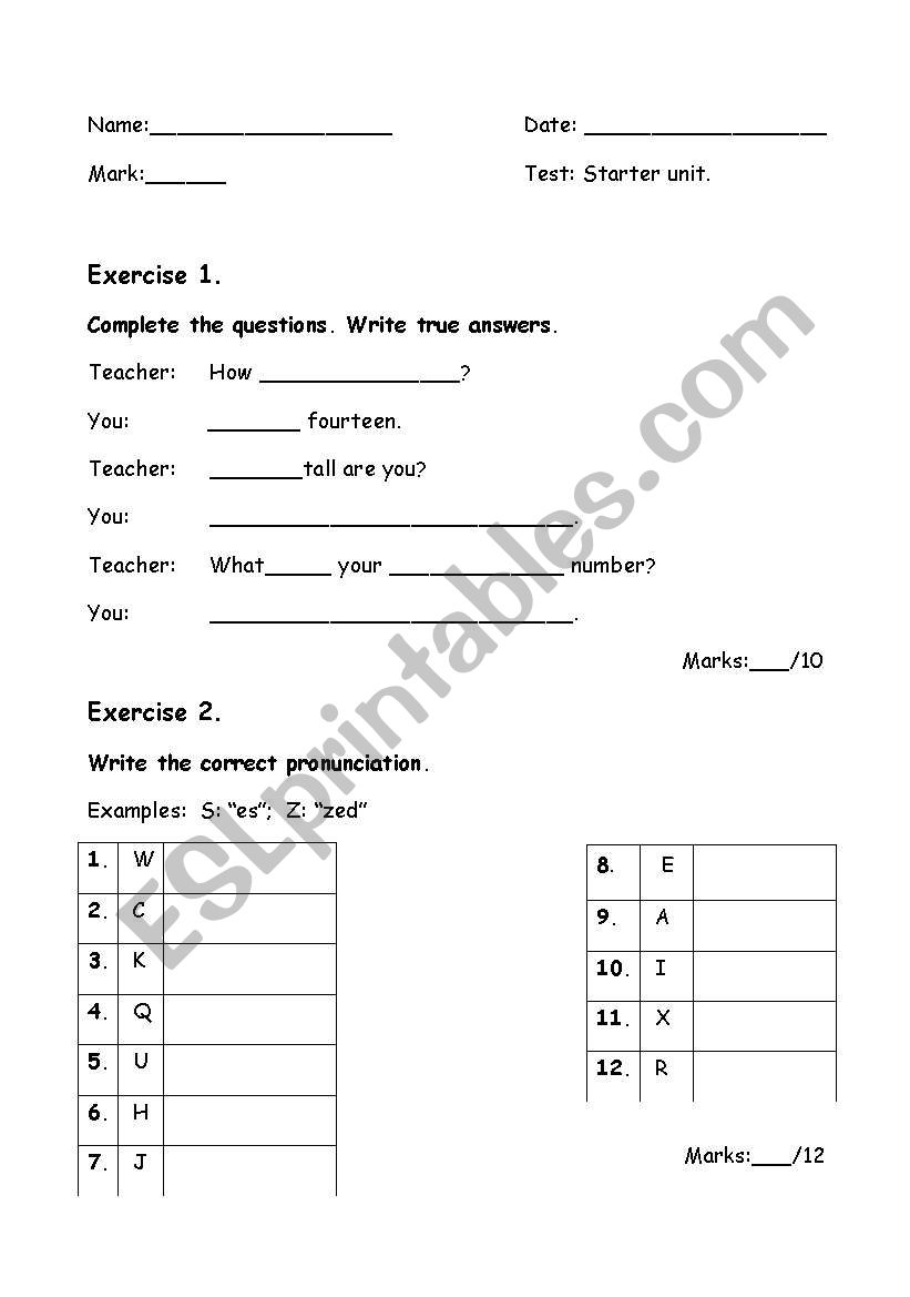 test worksheet