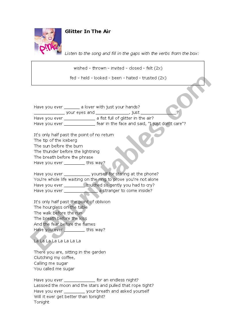 Pink - Glitter In The Air worksheet