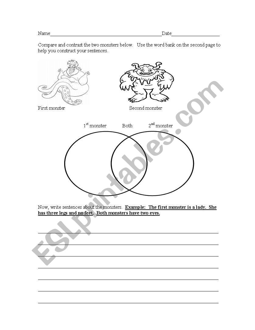 Monsters Compare and Contrast worksheet