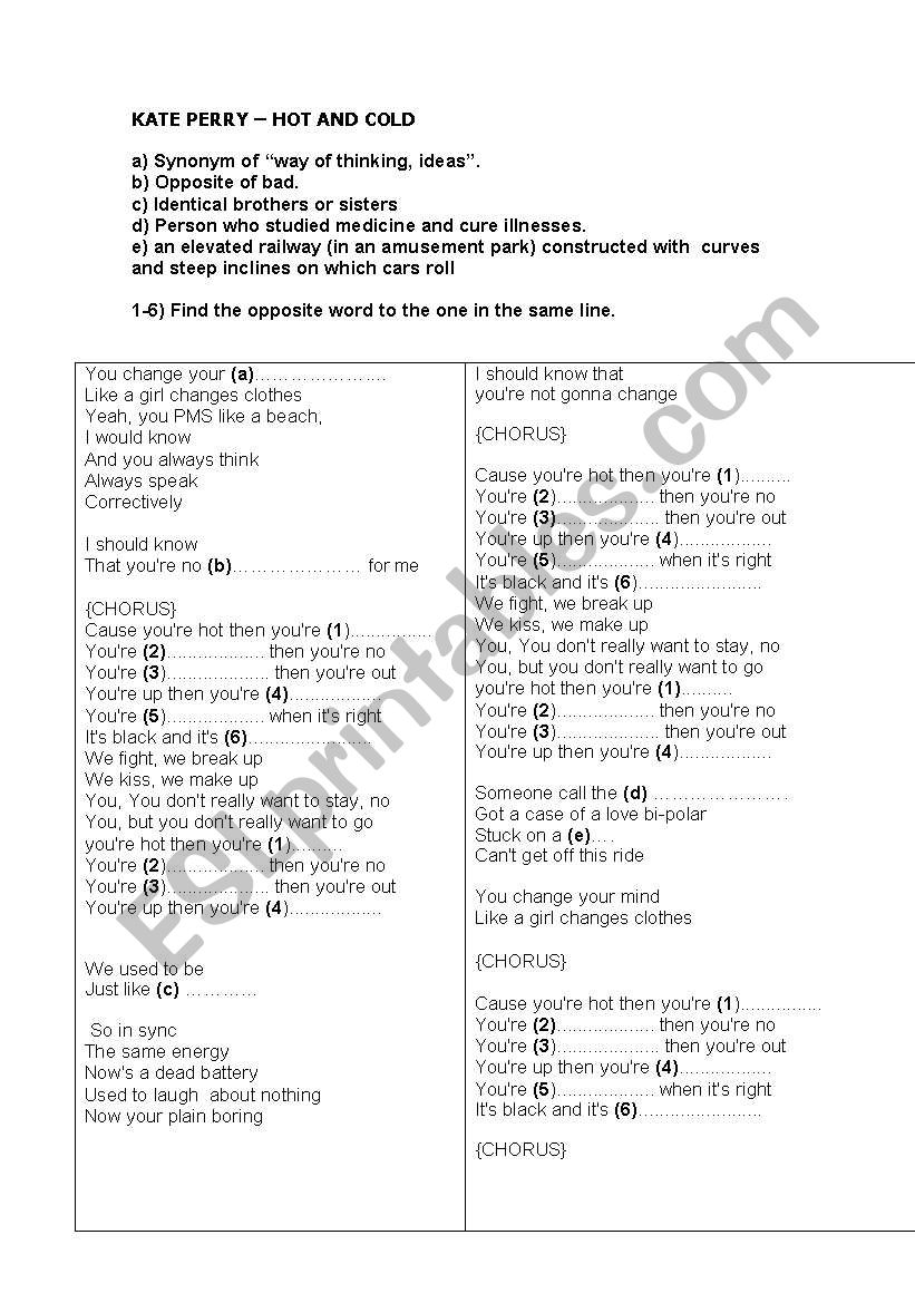 KATE PERRY-HOT AND COLD worksheet