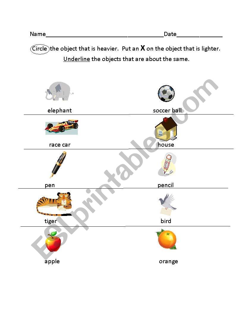 Heavier or Lighter worksheet