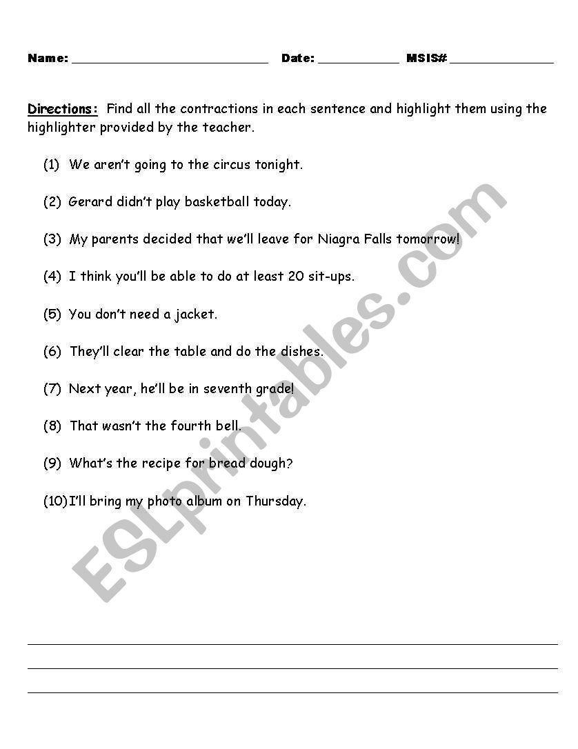 Contractions worksheet