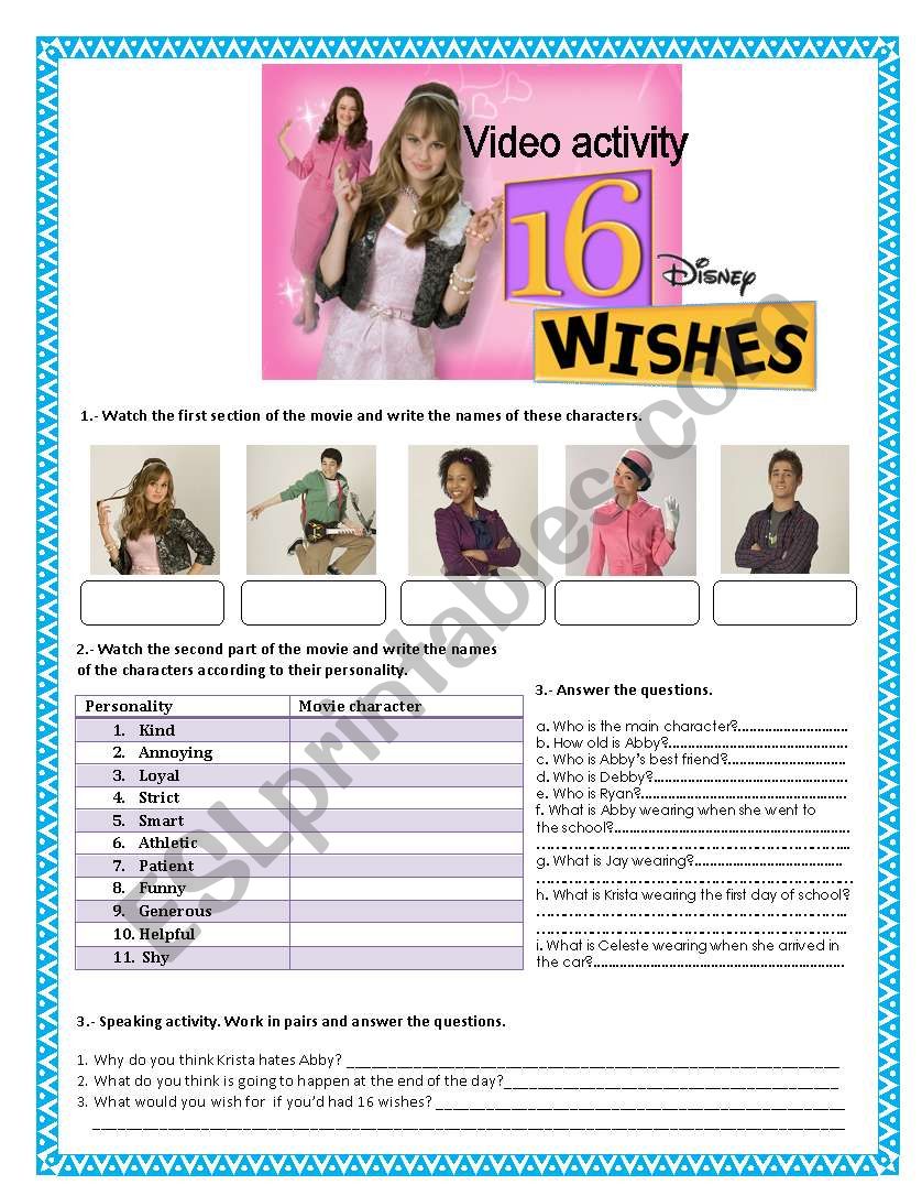 16 wishes- Personality adjectives, clothes, physical description