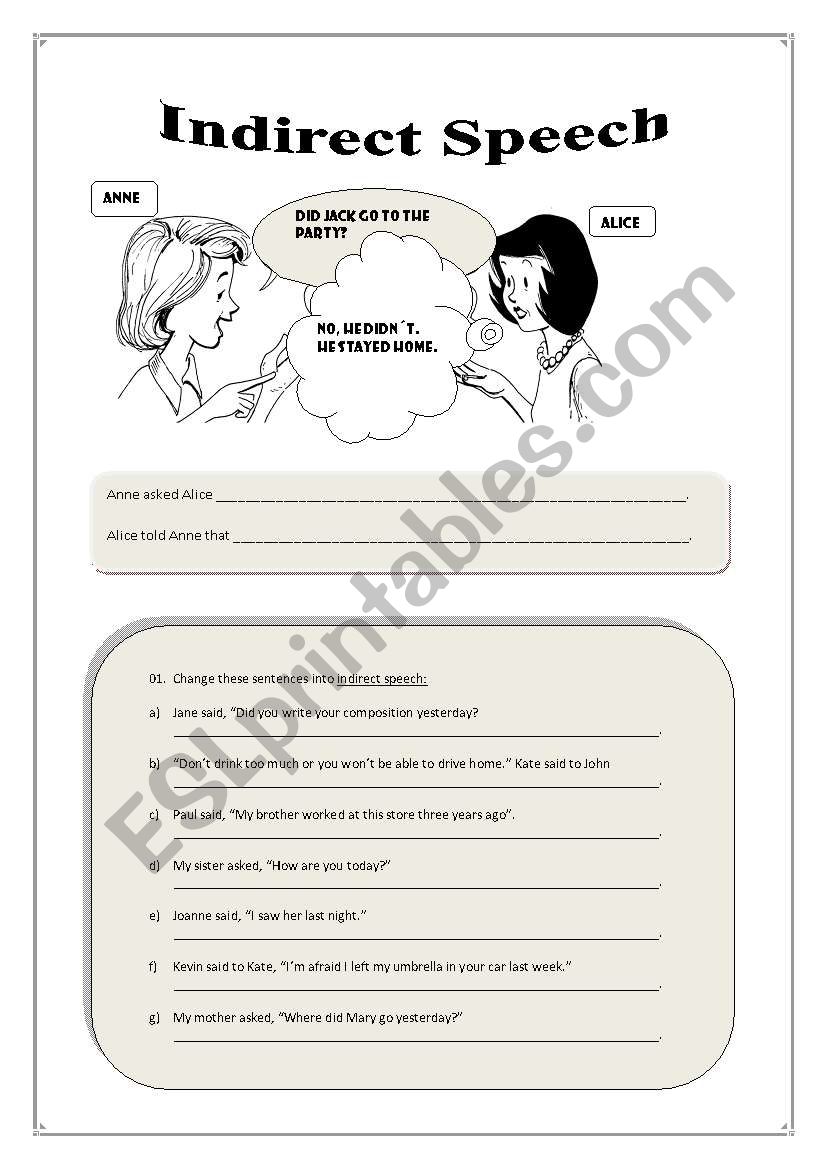 INDIRECT SPEECH worksheet