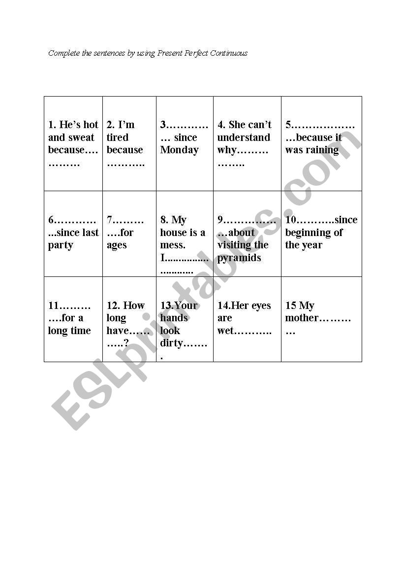 present perfect continuous  worksheet