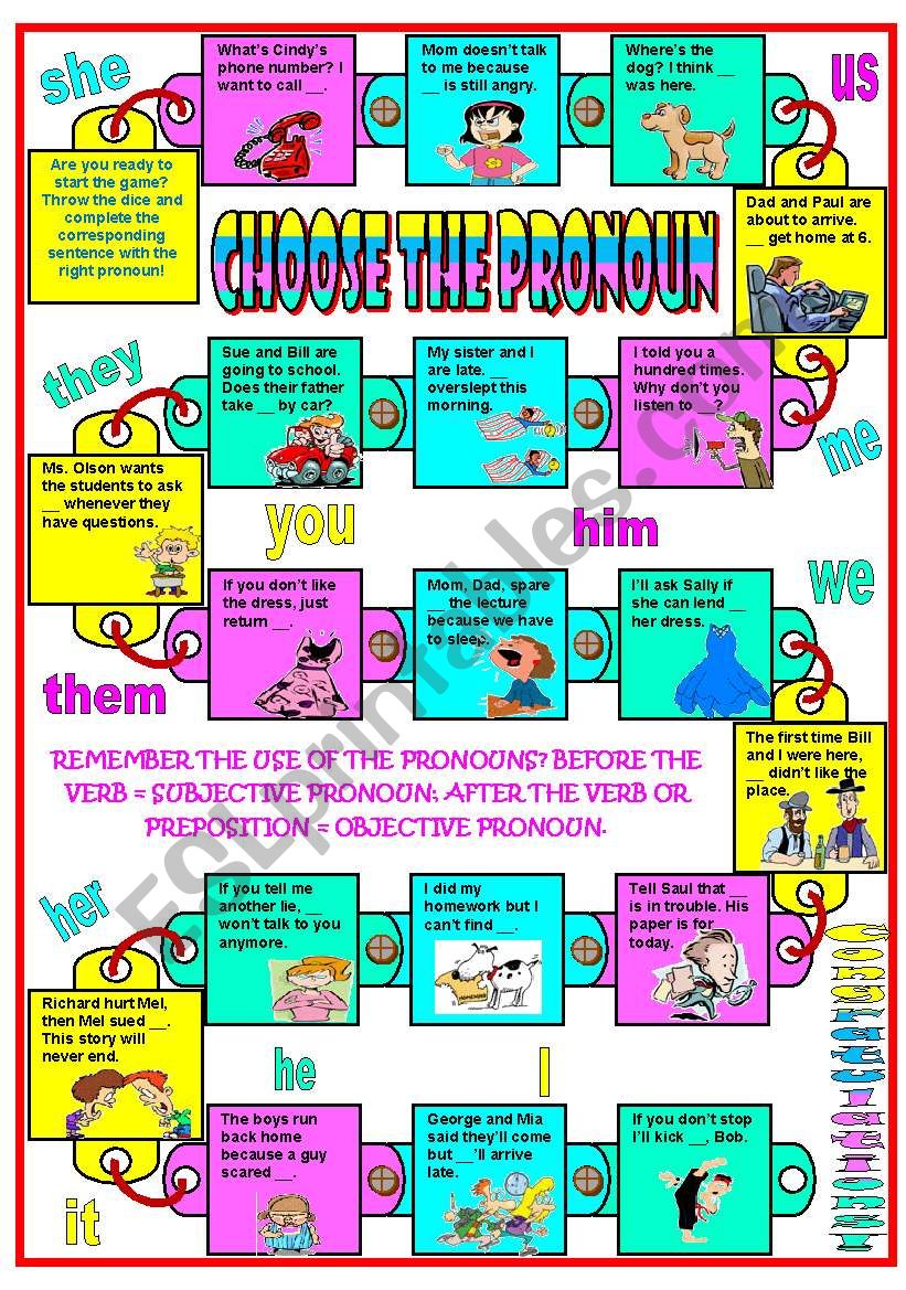 Boardgame: Choose the pronoun  subjective / objective pronouns  editable