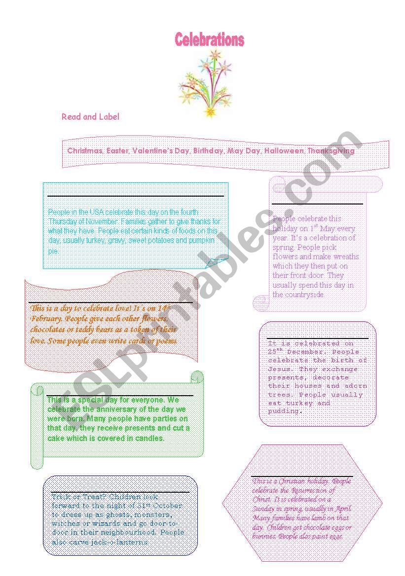 Celebrations worksheet