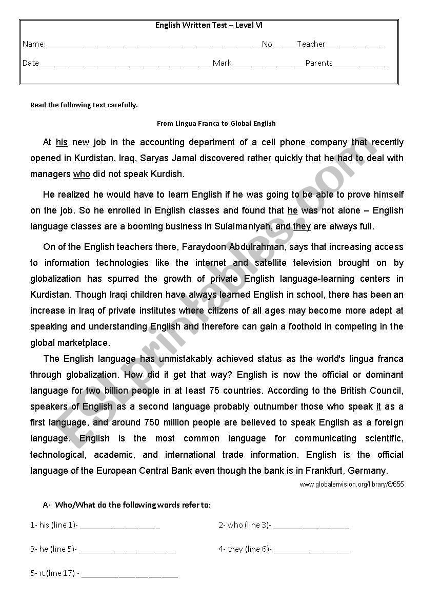 The english language worksheet