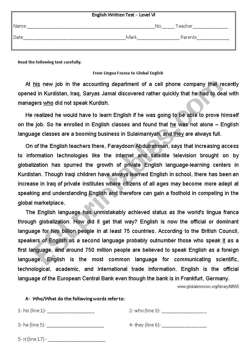 The english language worksheet