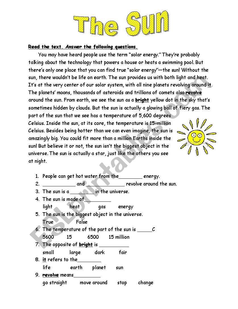 The Sun worksheet