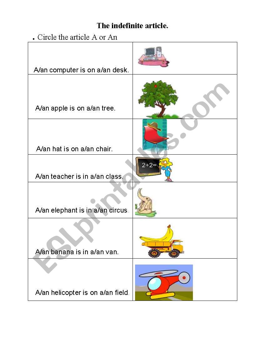 Indefinite article worksheet