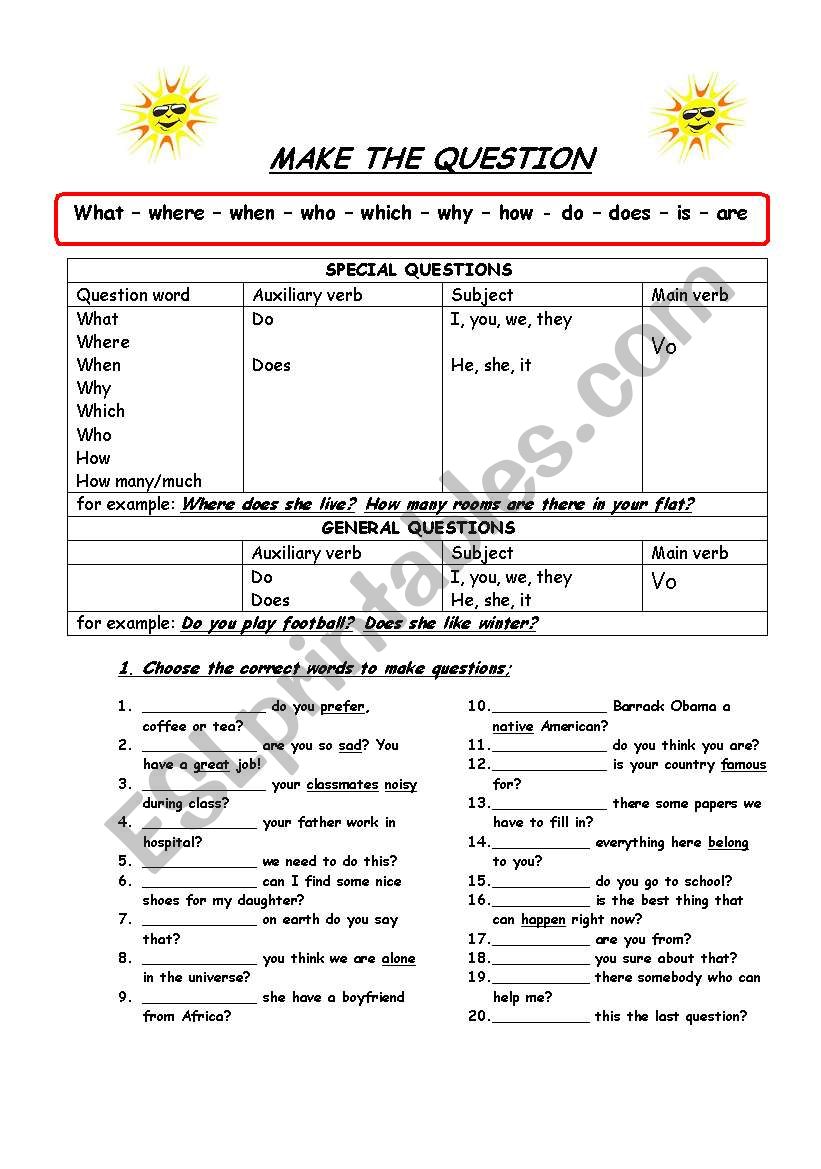 General / Special questions worksheet