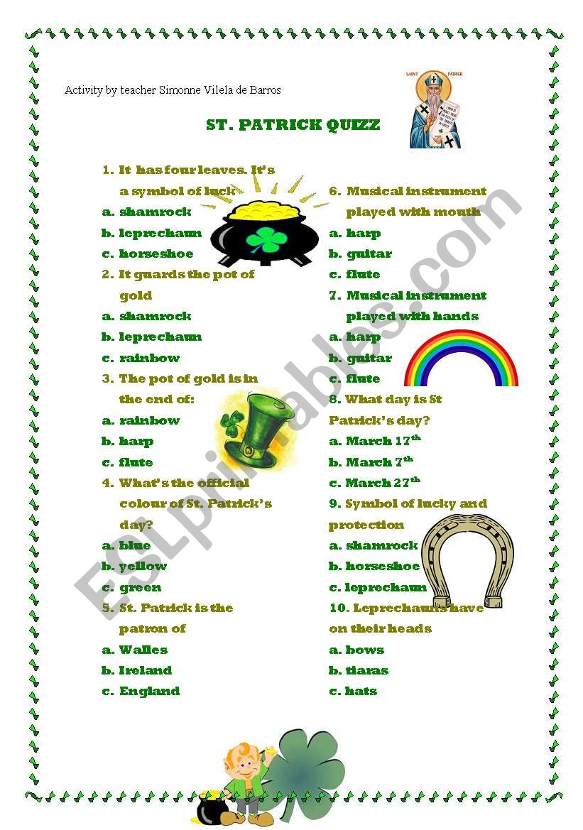 St Patrick quizz worksheet