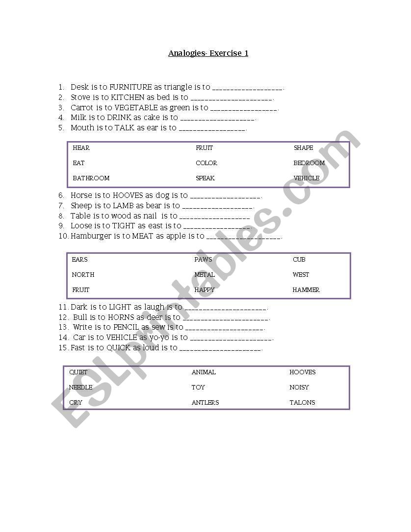 Analogies worksheet