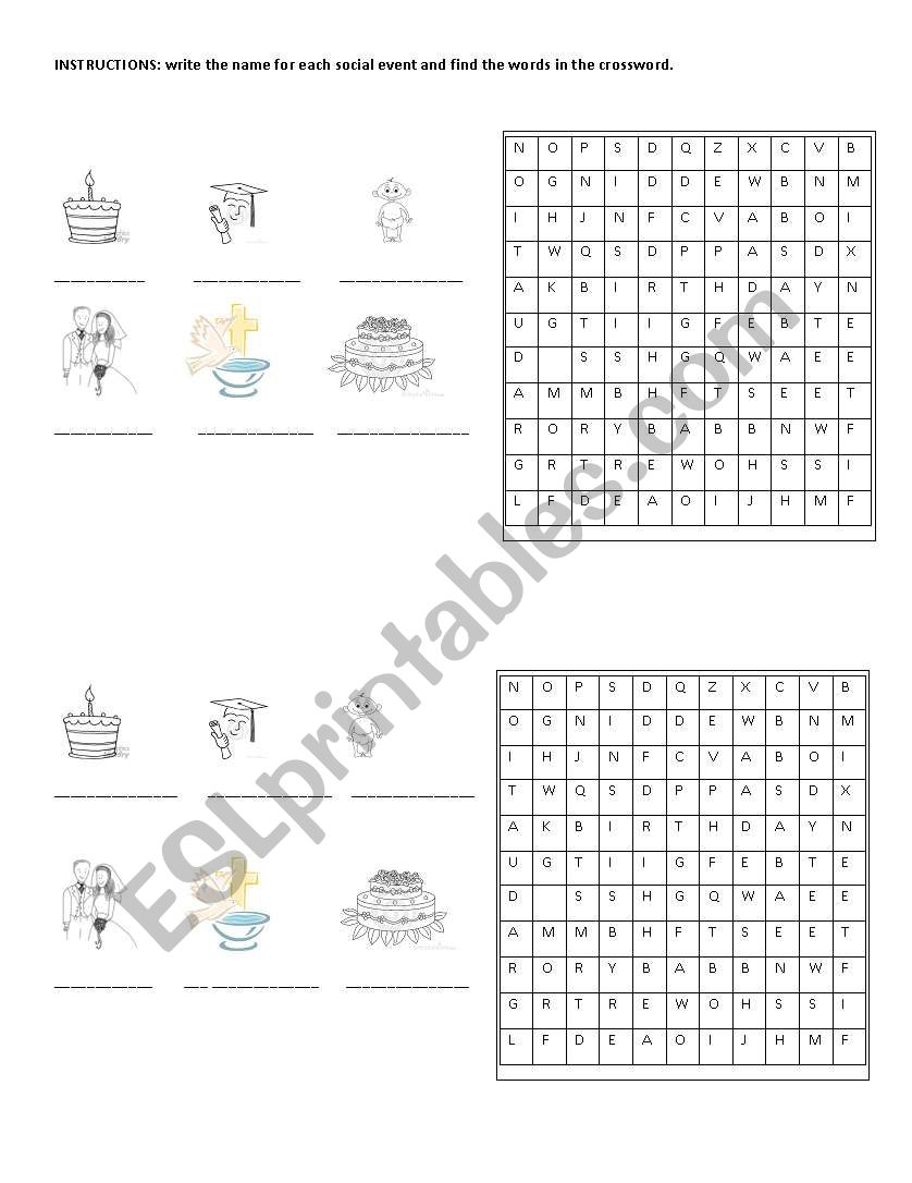 social events worksheet