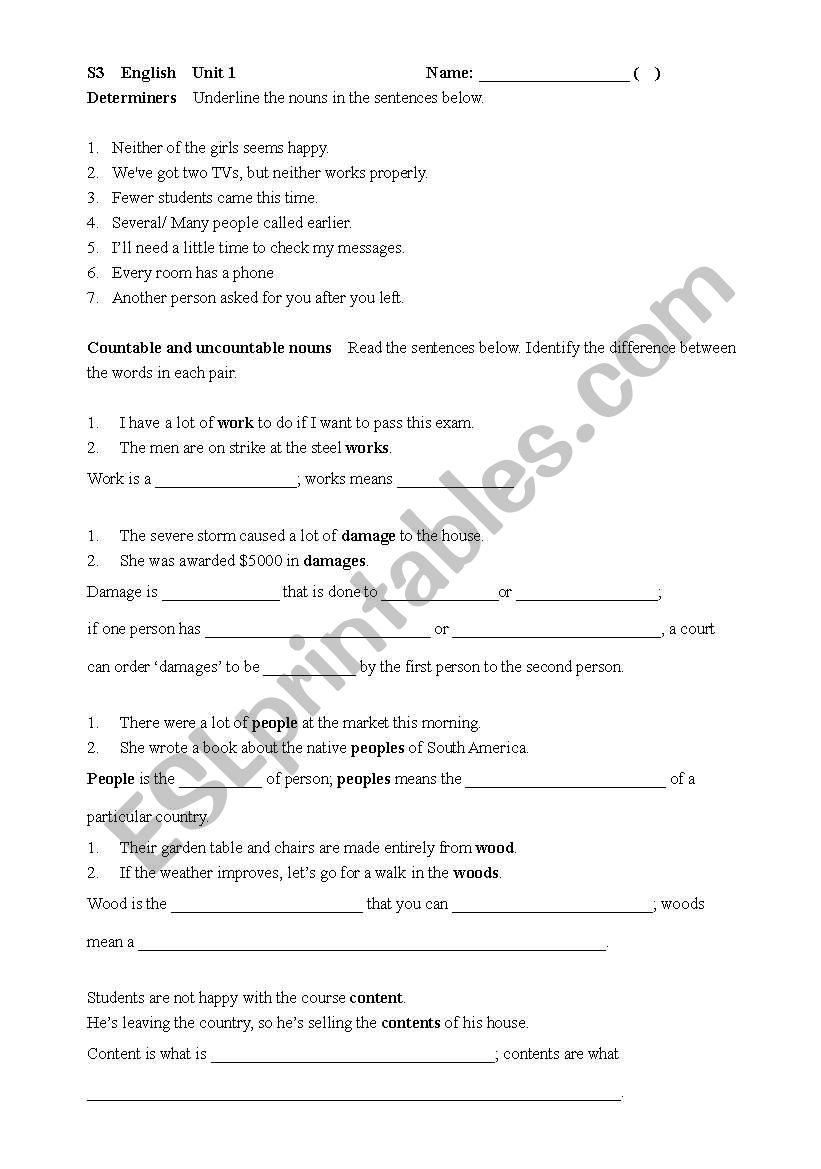 Determiners worksheet