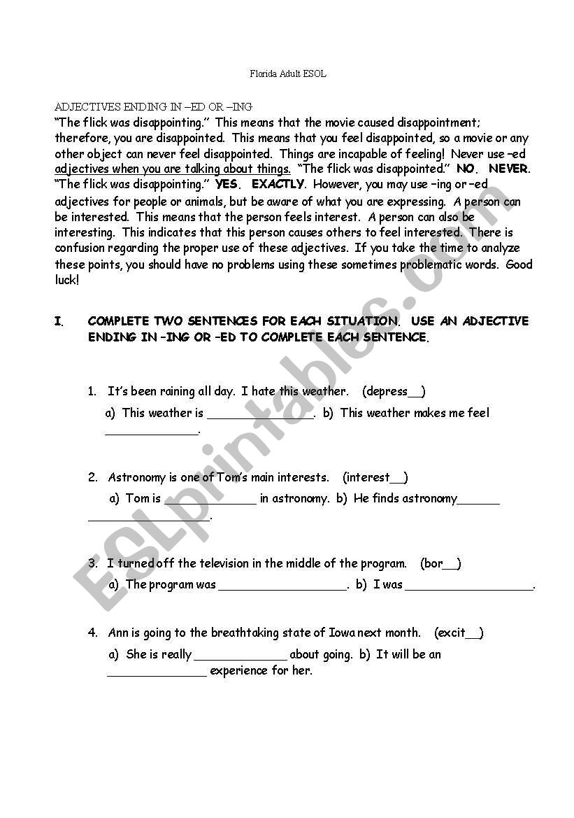 ing and ed adjectives worksheet