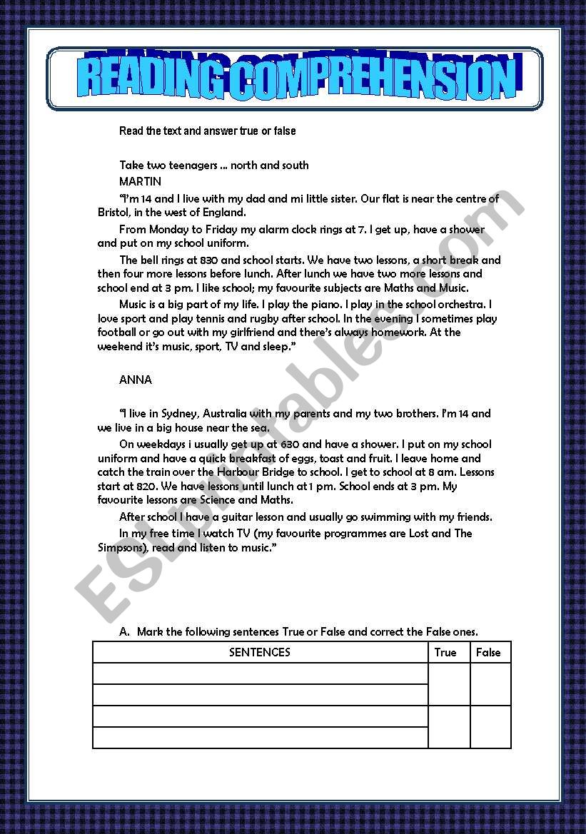 READING COMPREHENSION worksheet